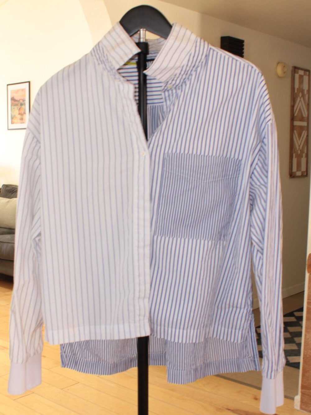 DKNY Blue White Mixed Stripe Button Down Shirt Size Large